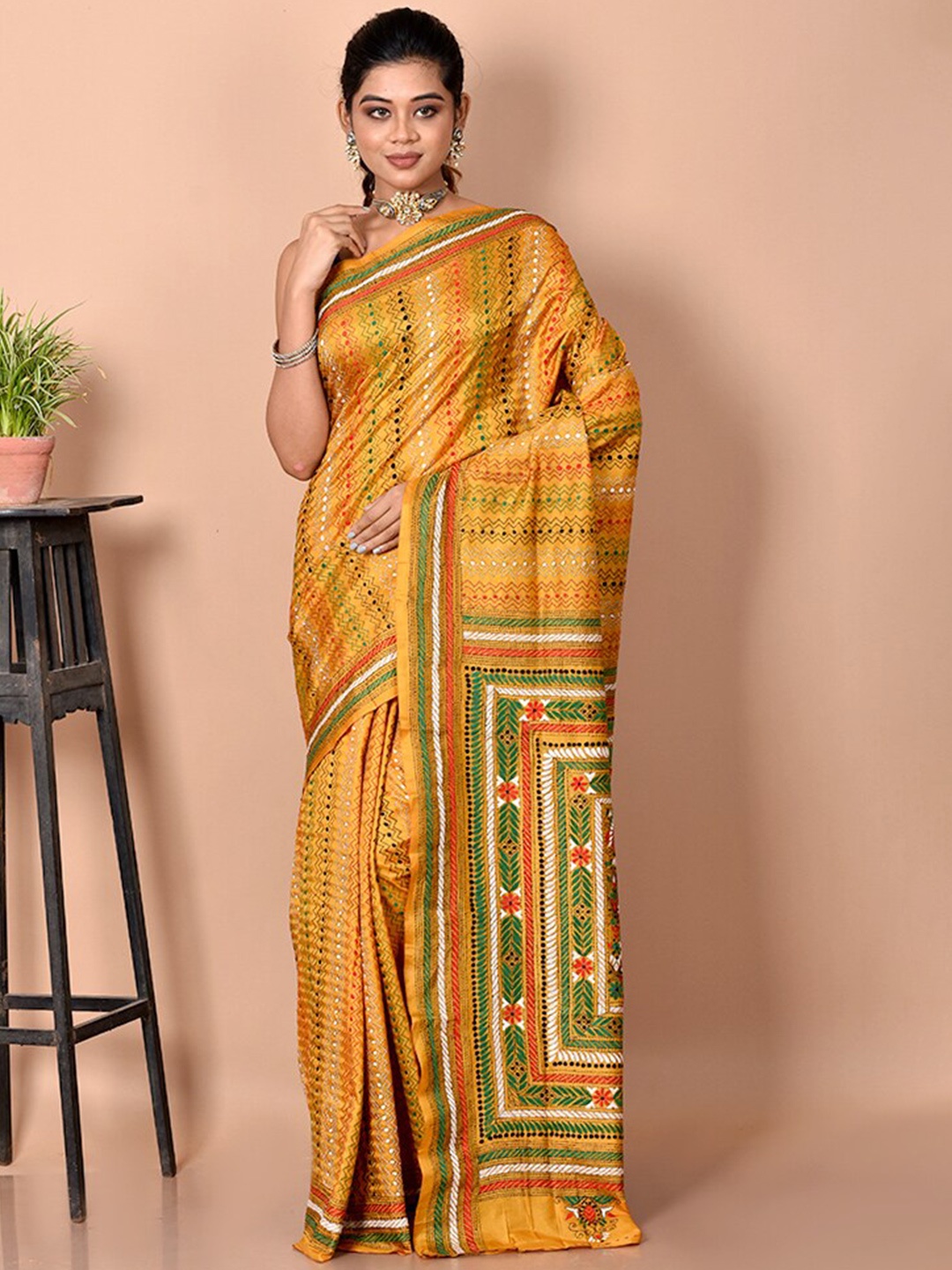 

AllSilks Yellow & Green Embroidered Mirror Work Pure Silk Saree