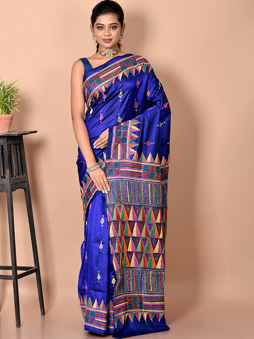 

AllSilks Blue & Orange Embroidered Pure Silk Saree