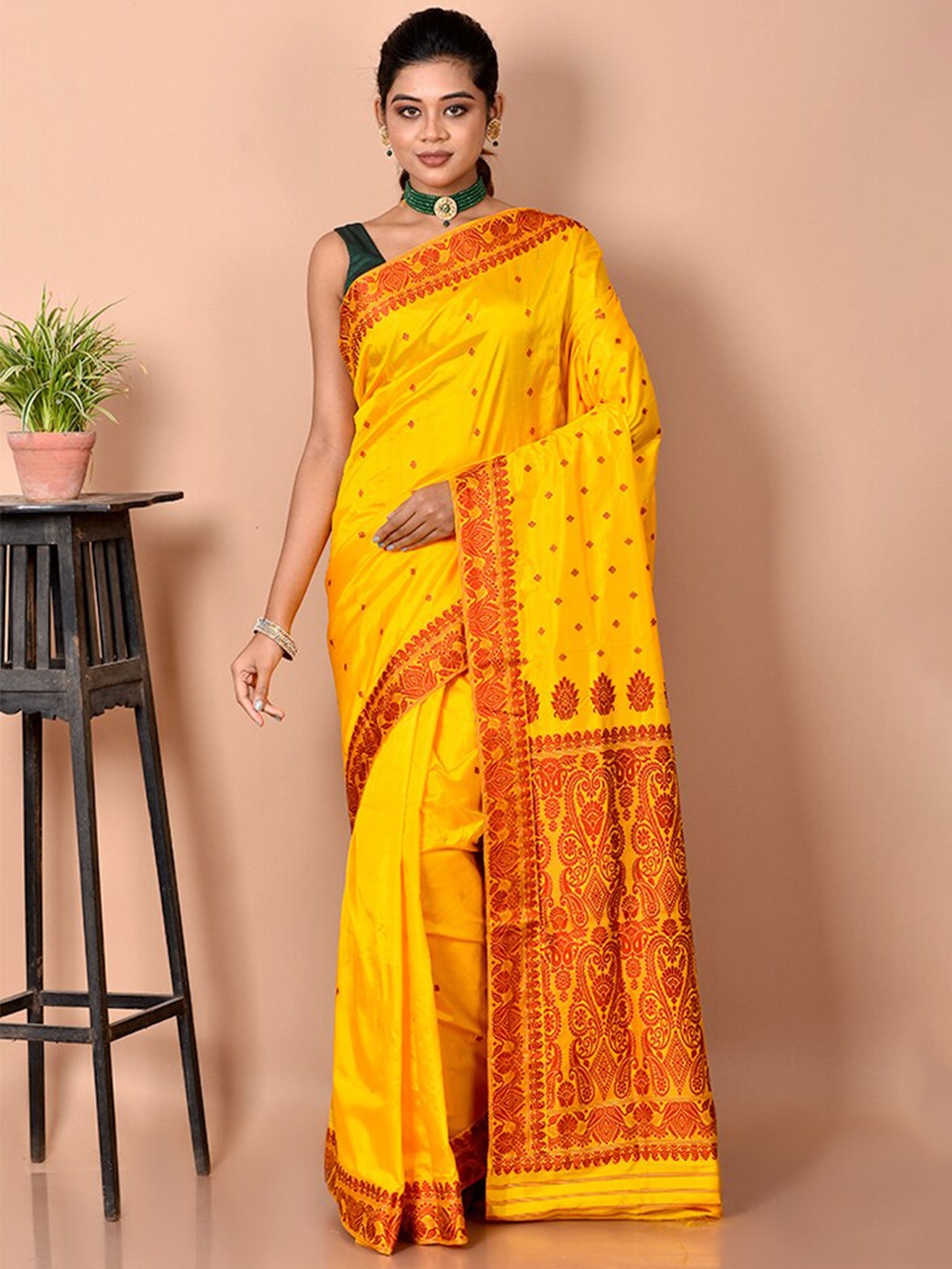 

AllSilks Yellow & Red Ethnic Motifs Pure Silk Saree