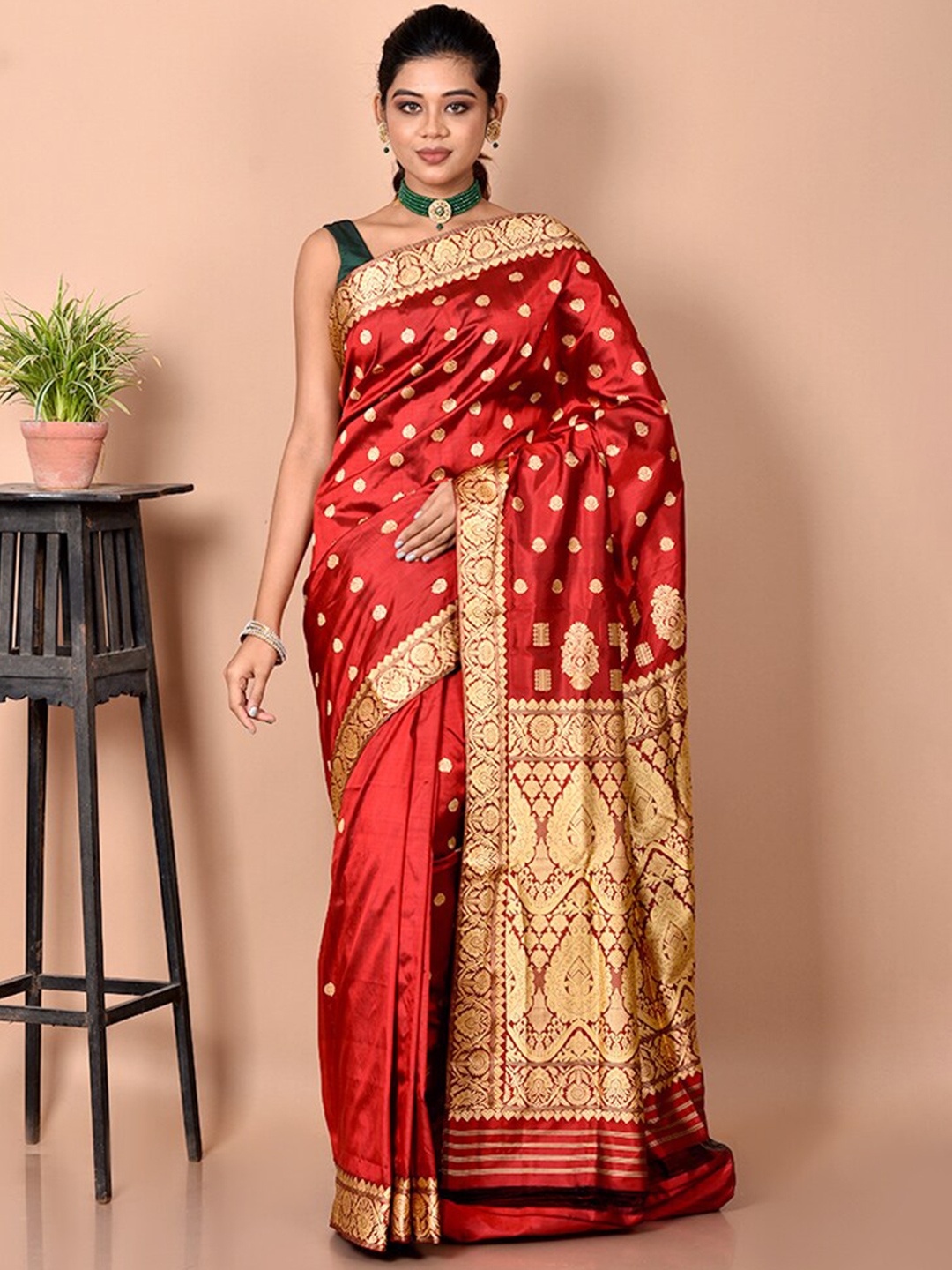 

AllSilks Red & Gold-Toned Ethnic Motif Zari Pure Silk Saree