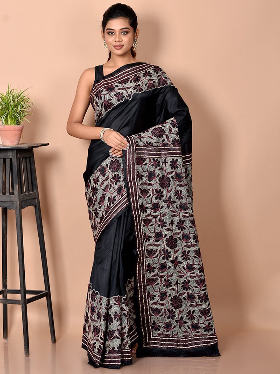 

AllSilks Black & Grey Kantha Work Pure Silk Saree