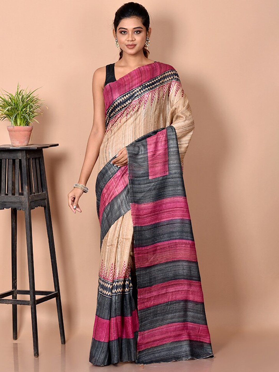 

AllSilks Cream-Coloured & Pink Silk Blend Tussar Saree