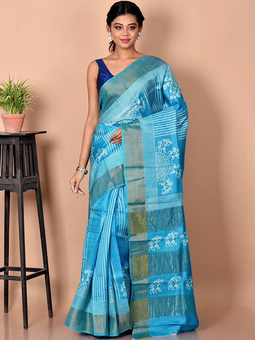 

AllSilks Blue & White Ethnic Motifs Zari Silk Blend Tussar Saree