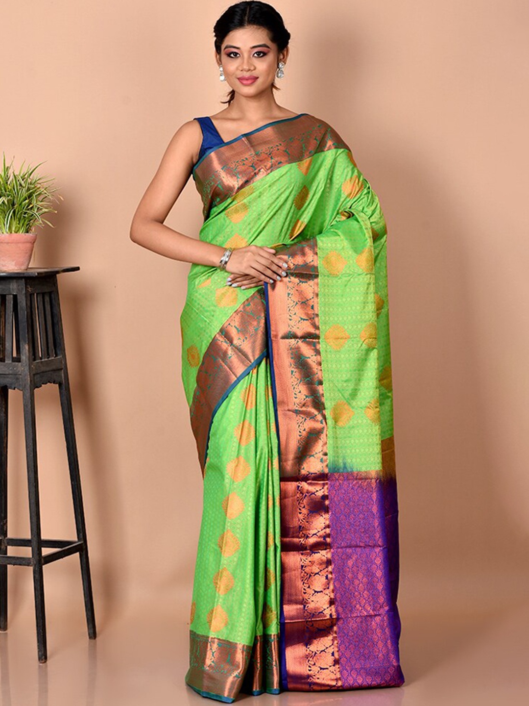 

AllSilks Green & Blue Ethnic Motifs Zari Silk Blend Kanjeevaram Saree