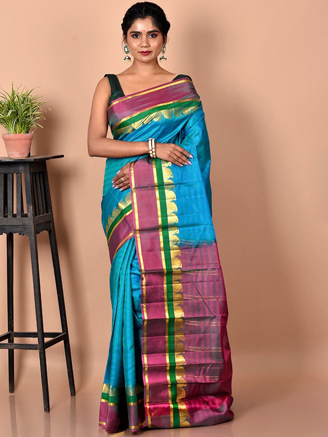 

AllSilks Blue & Purple Zari Silk Blend Kanjeevaram Saree