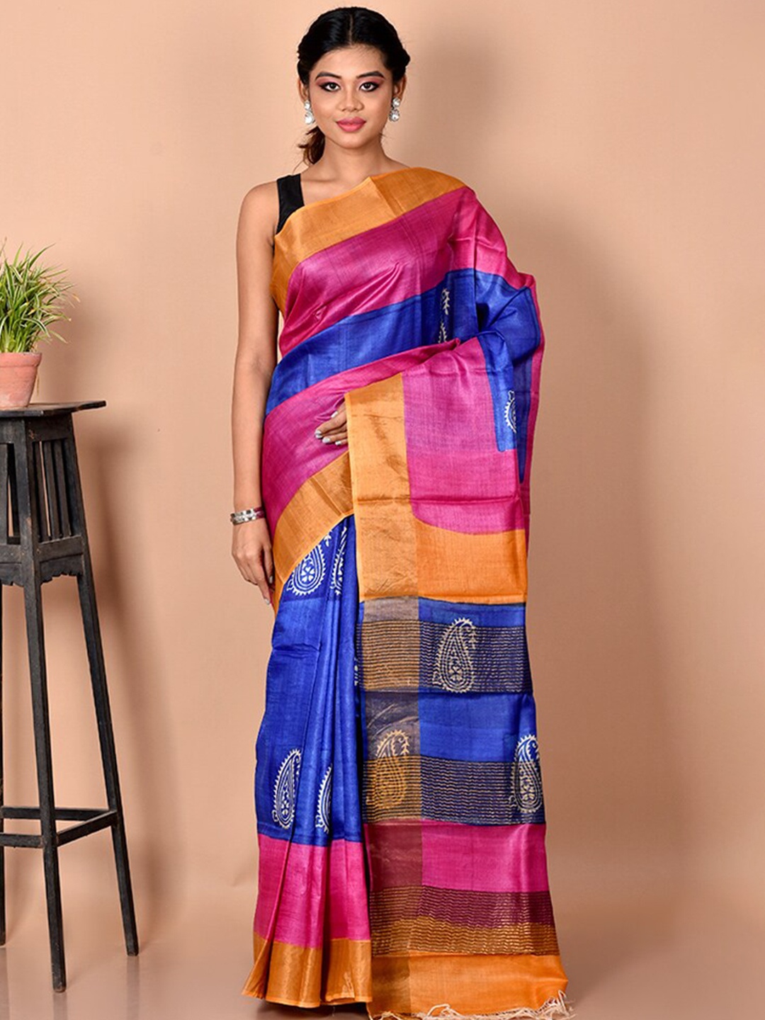 

AllSilks Blue & Pink Colourblocked Silk Blend Tussar Saree