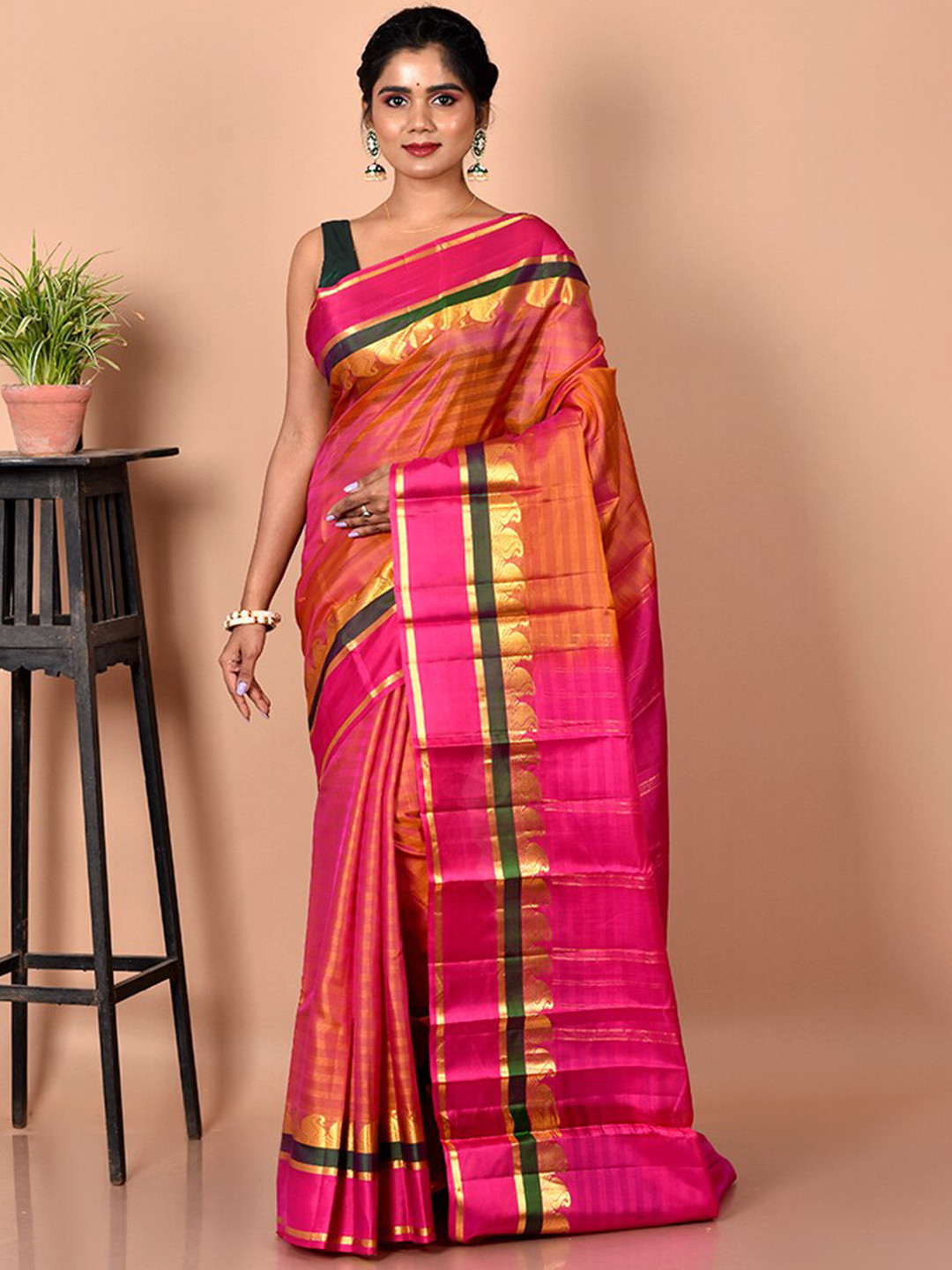 

AllSilks Pink & Orange Striped Zari Silk Blend Kanjeevaram Saree