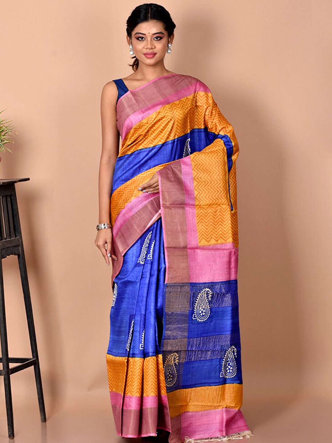 

AllSilks Blue & Orange Paisley Zari Silk Blend Tussar Saree