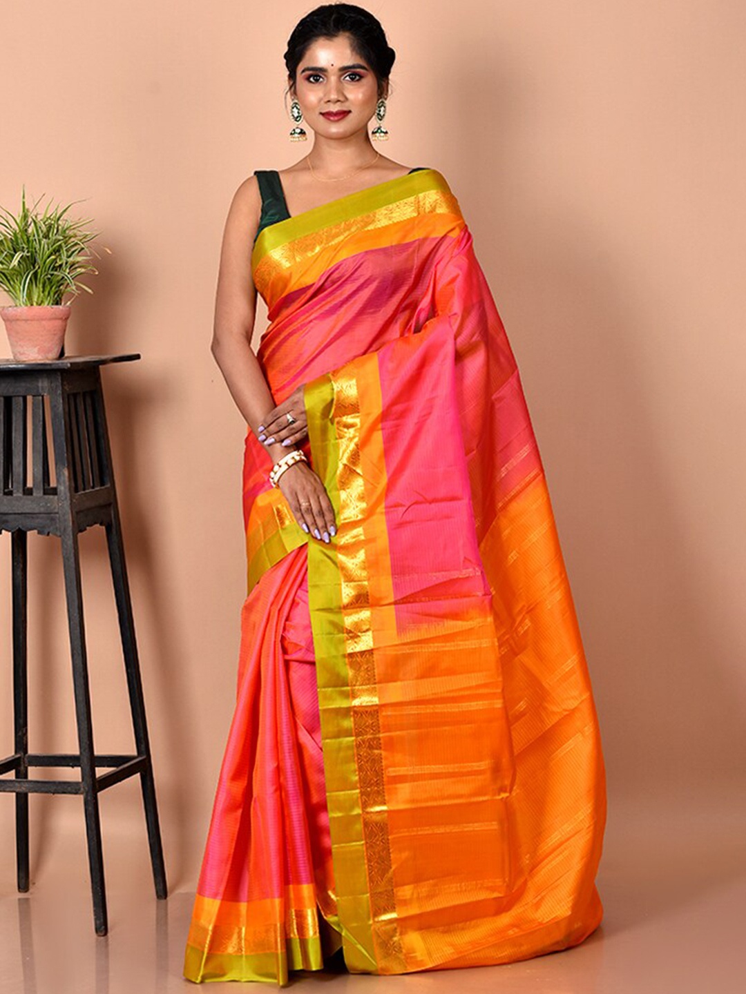 

AllSilks Pink & Orange Zari Silk Blend Kanjeevaram Saree