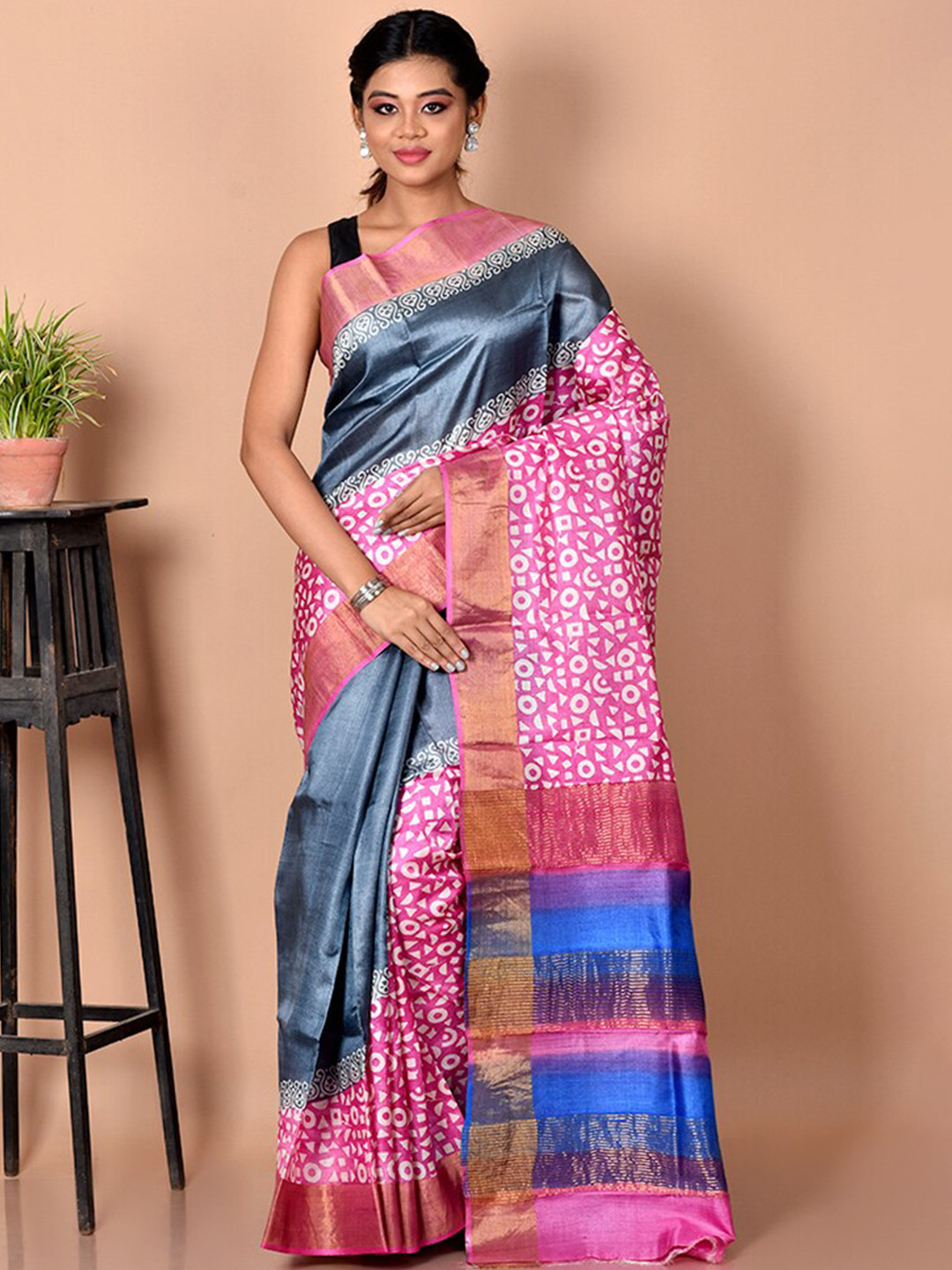 

AllSilks Grey & Pink Zari Silk Blend Tussar Saree