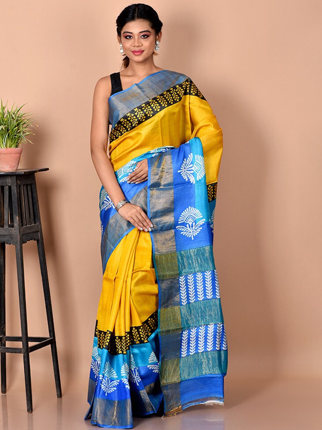 

AllSilks Yellow & Blue Floral Zari Silk Blend Tussar Saree
