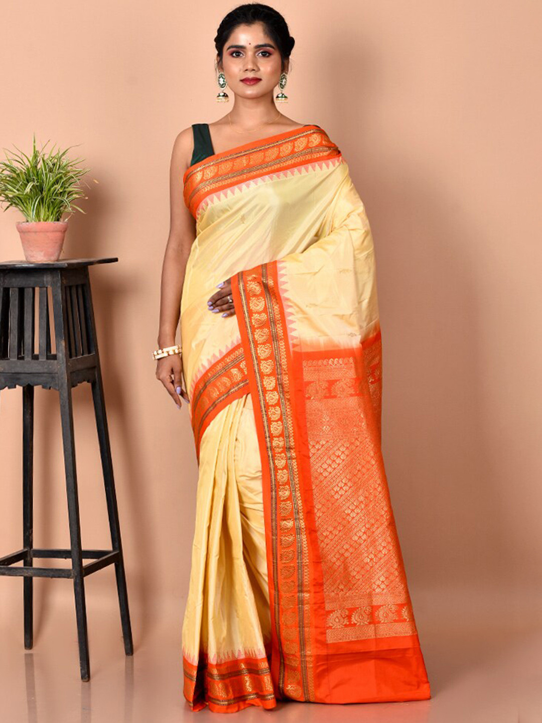 

AllSilks Cream-Coloured & Orange Zari Silk Blend Kanjeevaram Saree