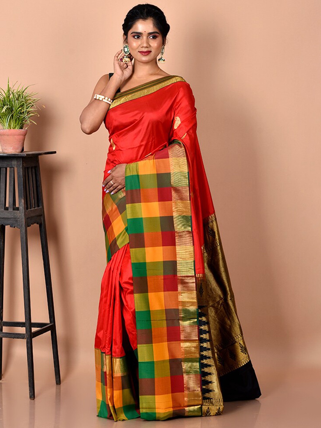

AllSilks Red & Green Woven Design Zari Pure Silk Kanjeevaram Saree