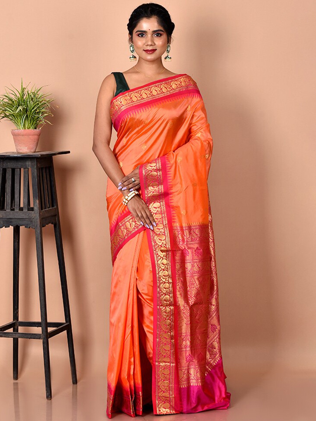 

AllSilks Peach-Coloured & Red Woven Design Zari Pure Silk Kanjeevaram Saree