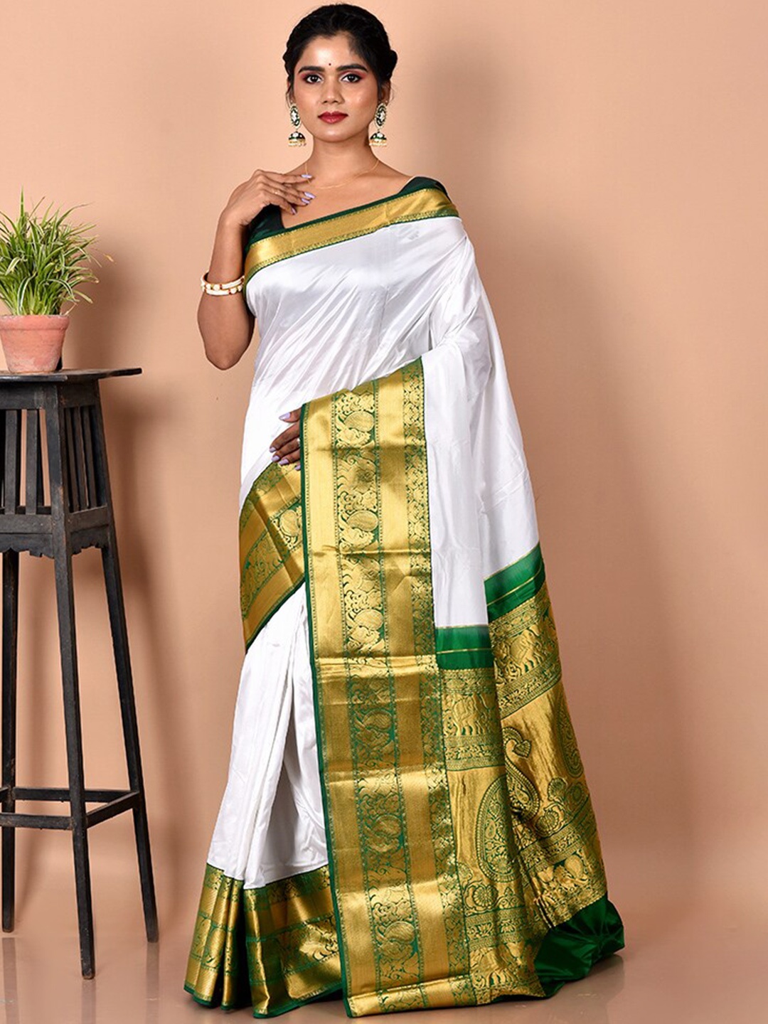 

AllSilks White & Green Zari Pure Silk Kanjeevaram Saree