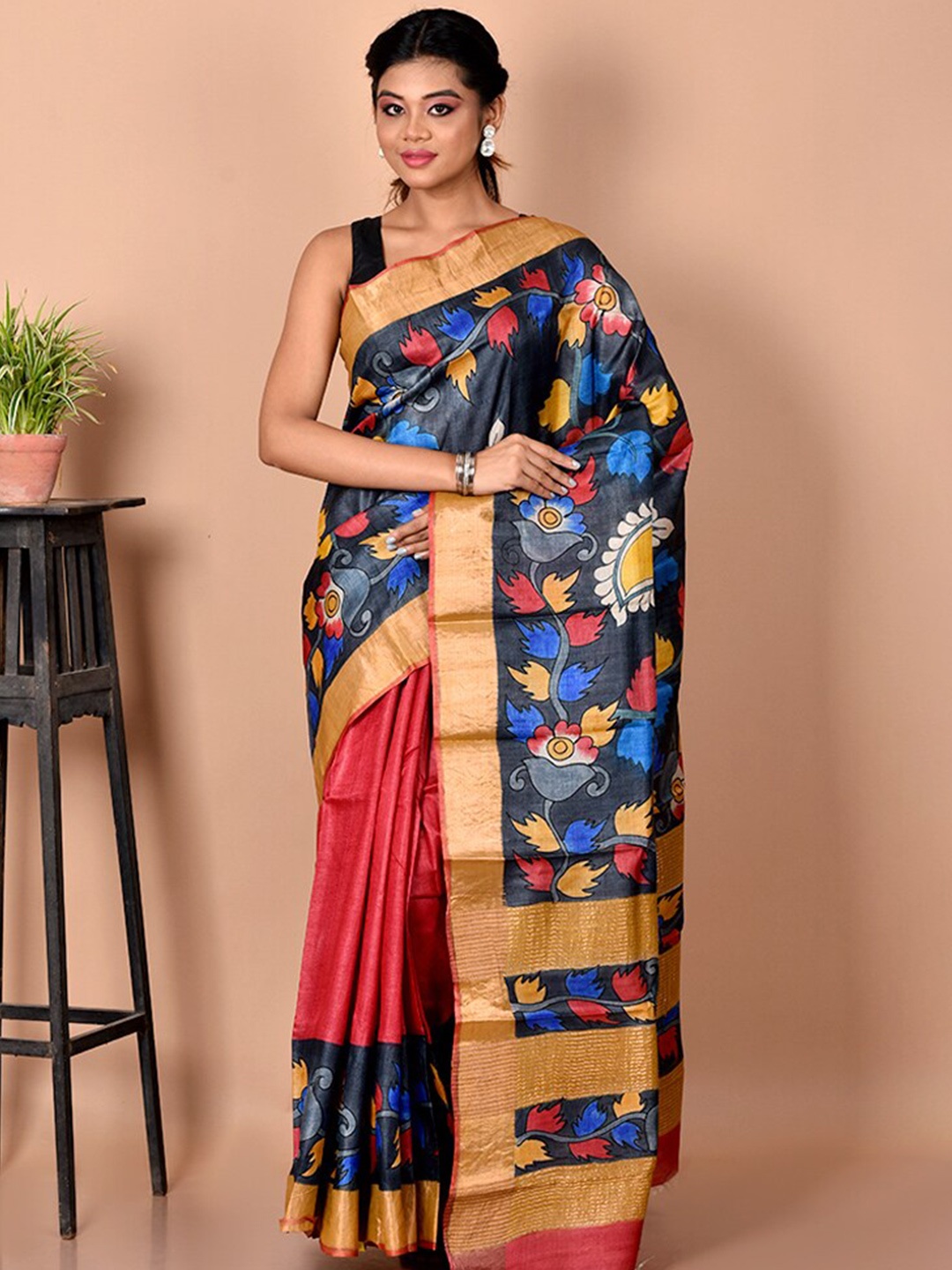 

AllSilks Maroon & Blue Floral Zari Silk Blend Tussar Saree