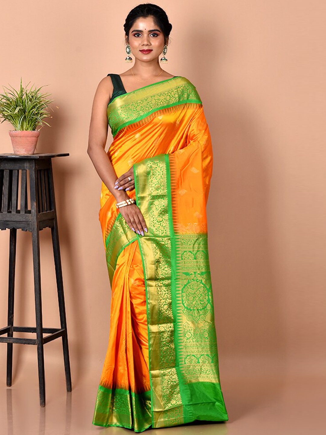 

AllSilks Orange & Green Woven Design Zari Pure Silk Kanjeevaram Saree
