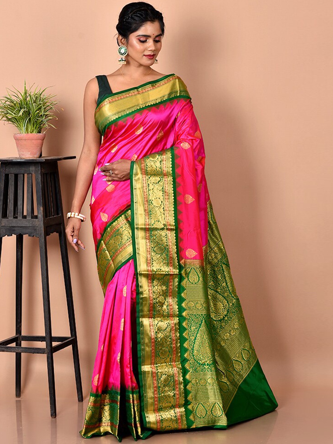 

AllSilks Pink & Green Woven Design Zari Pure Silk Kanjeevaram Saree