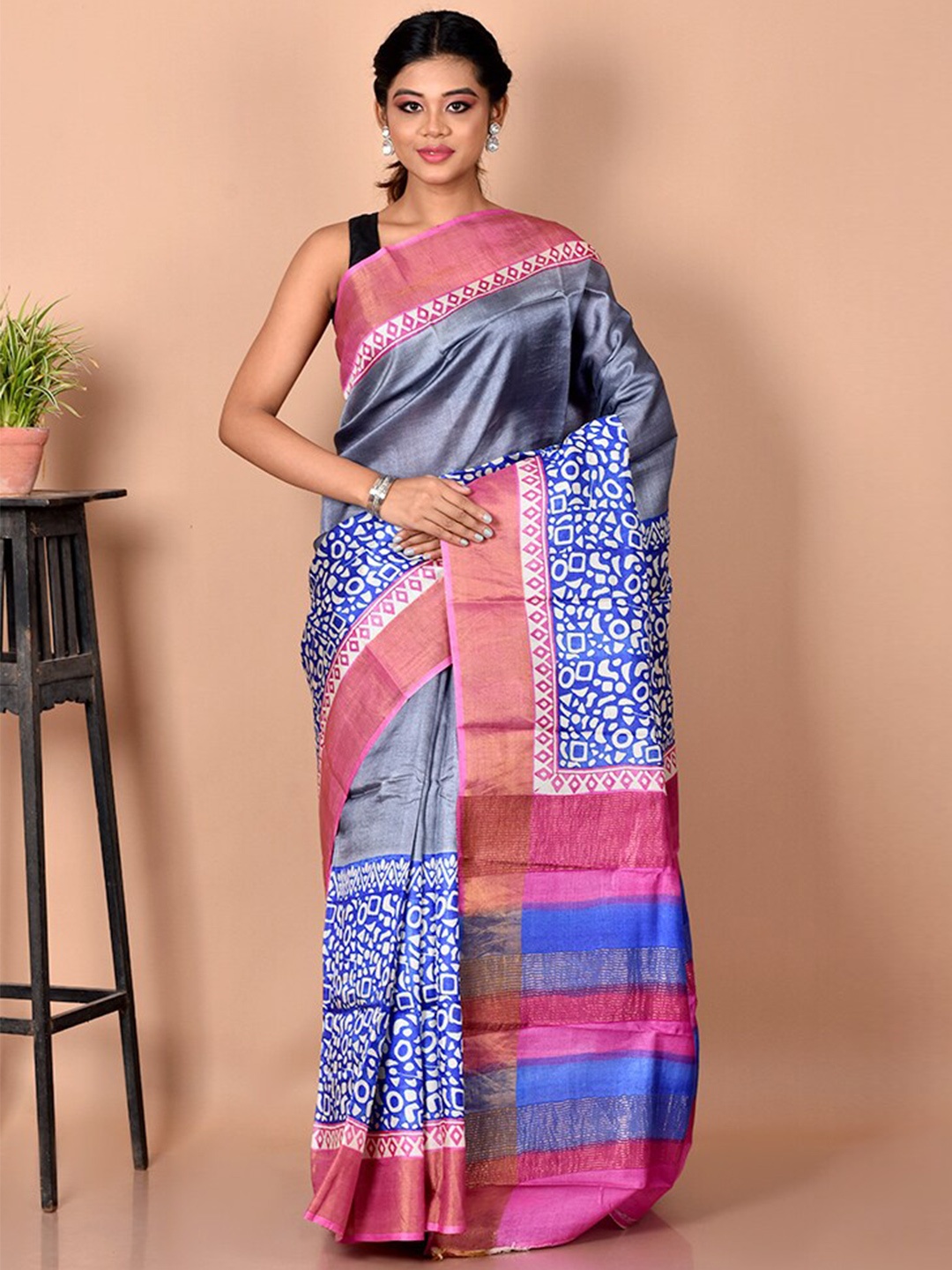

AllSilks Grey & Blue Zari Silk Blend Tussar Saree