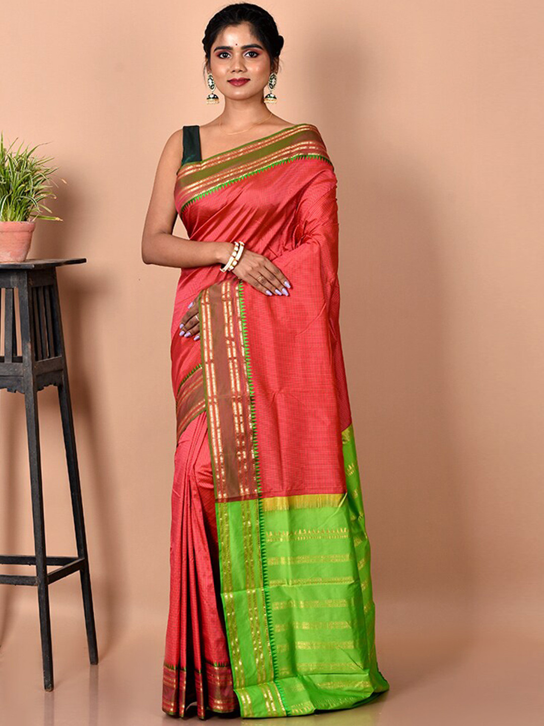 

AllSilks Pink & Green Woven Design Zari Silk Blend Kanjeevaram Saree
