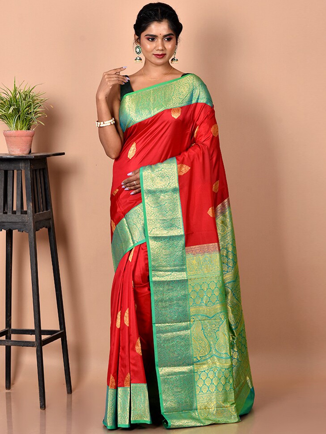 

AllSilks Red & Green Woven Design Zari Pure Silk Kanjeevaram Saree