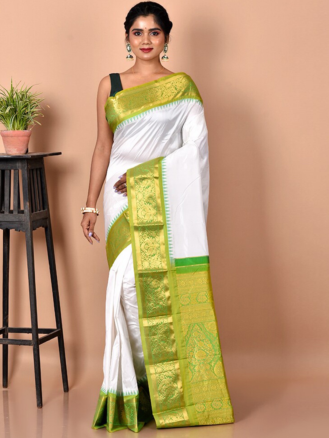 

AllSilks White & Green Zari Pure Silk Kanjeevaram Saree