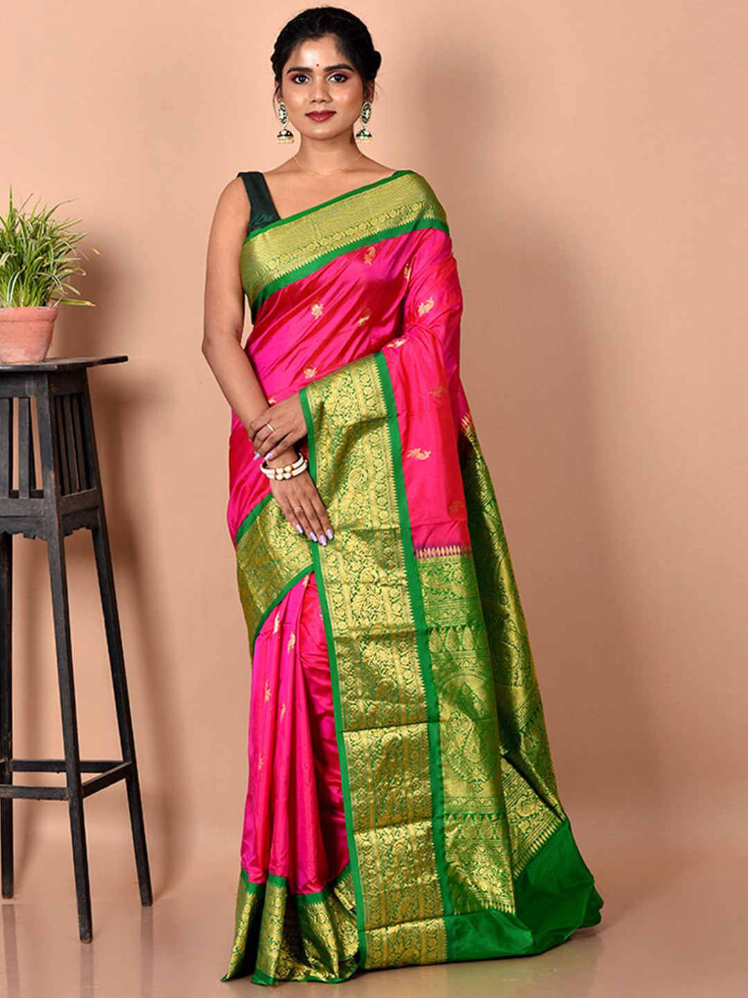 

AllSilks Pink & Green Woven Design Zari Pure Silk Kanjeevaram Saree