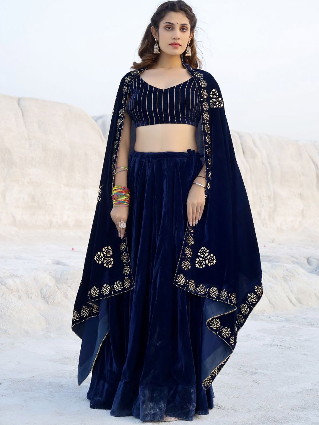

Baisacrafts Women Blue Butta Work Foil Printed Velvet Shawl