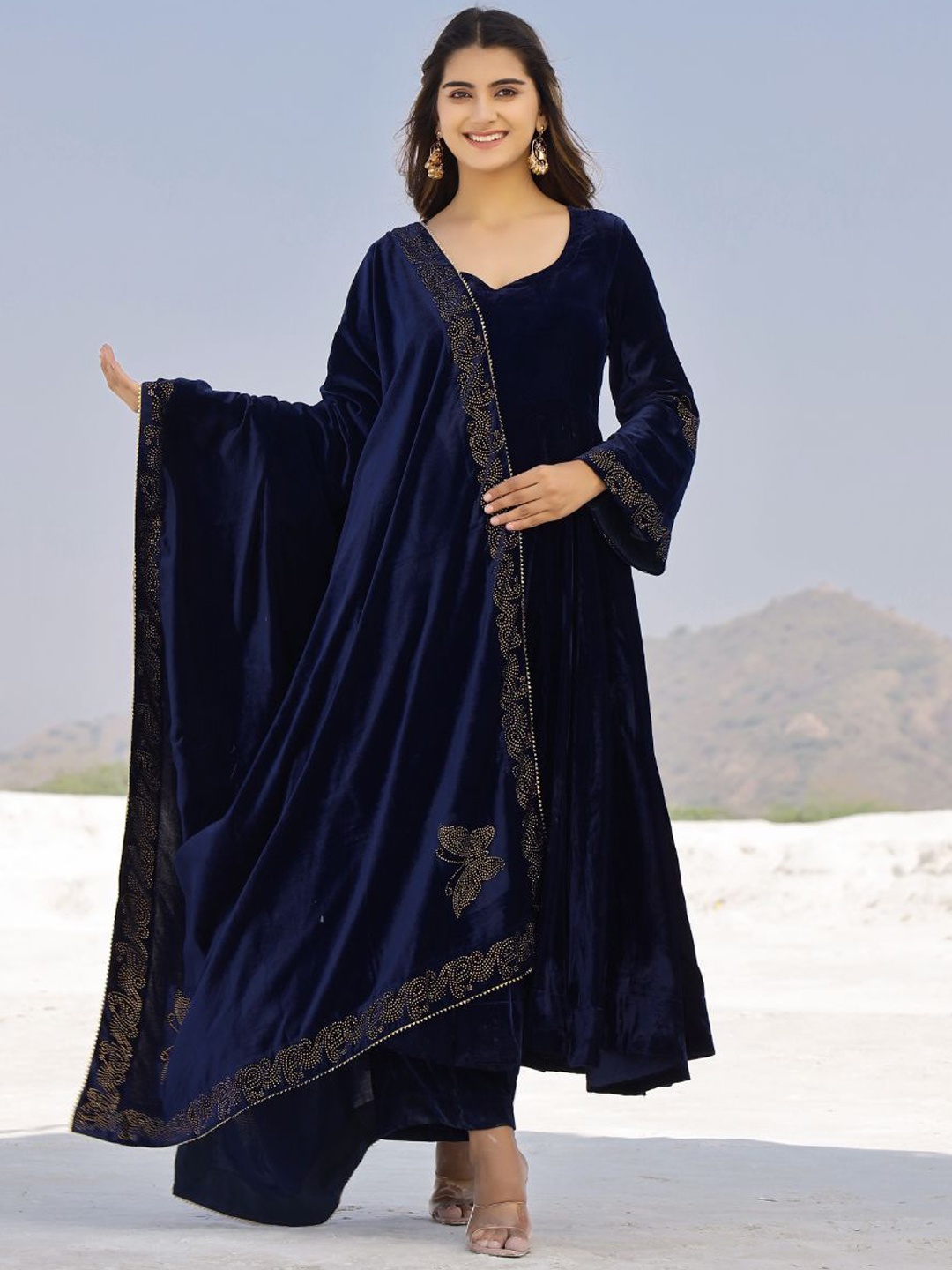 

Baisacrafts Blue Swarovski Work Pure Velvet Shawl