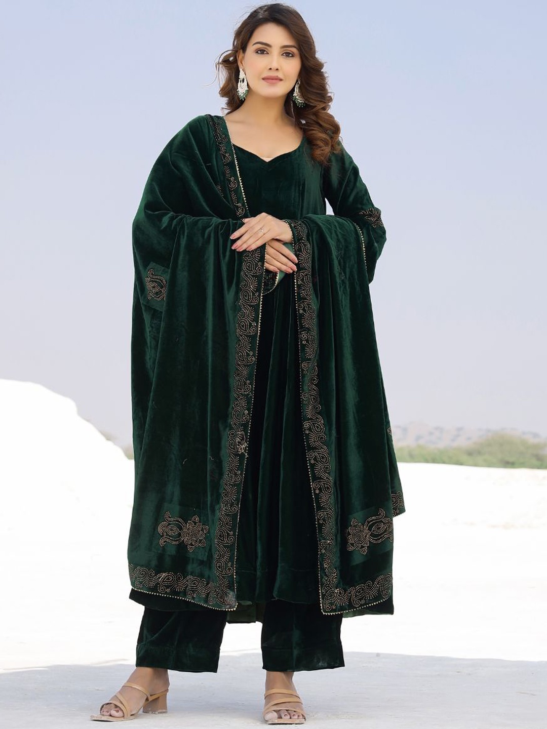 

Baisacrafts Women Bottle Green Swarovski Work Velvet Shawl