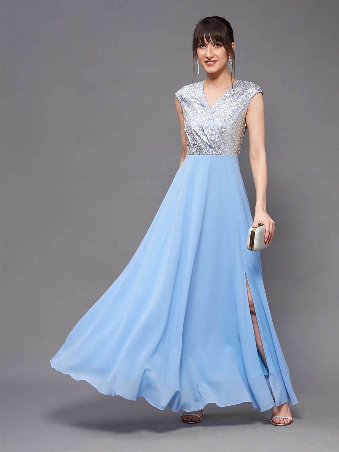 

Miss Chase Blue Embellished Wrap Maxi Side Slit Dress