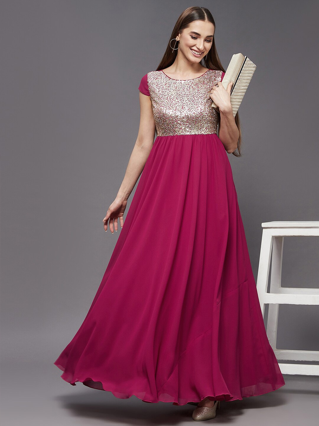 

Miss Chase Dark Pink Embellished Round Neck Maxi Fit & Flare Dress