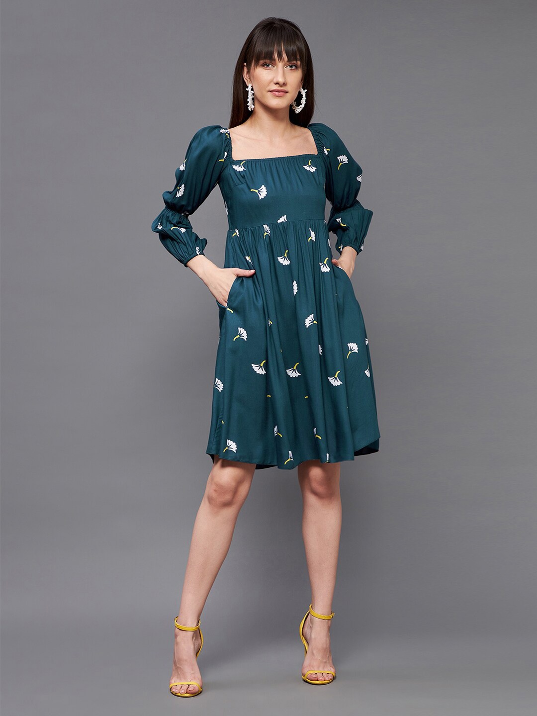 

Miss Chase Floral Printed Square Neck Empire Cotton Dress, Teal