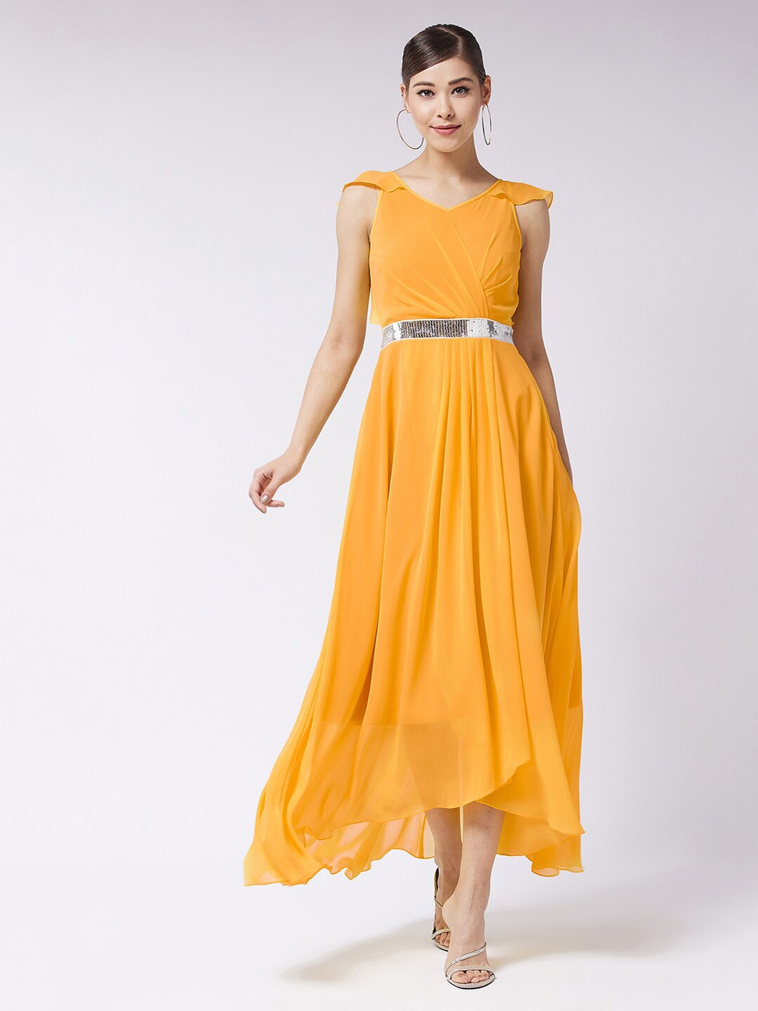 

Miss Chase Mustard Yellow Fit & Flare High-Low Maxi Dress