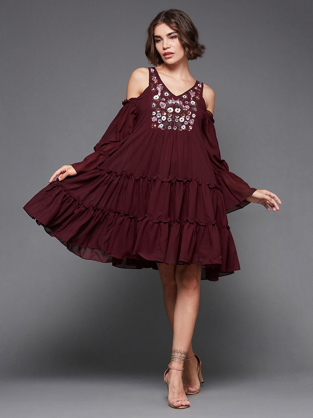 

Miss Chase Women Maroon Embellished Tiered Cold Shoulder A-Line Knee-Length Dress