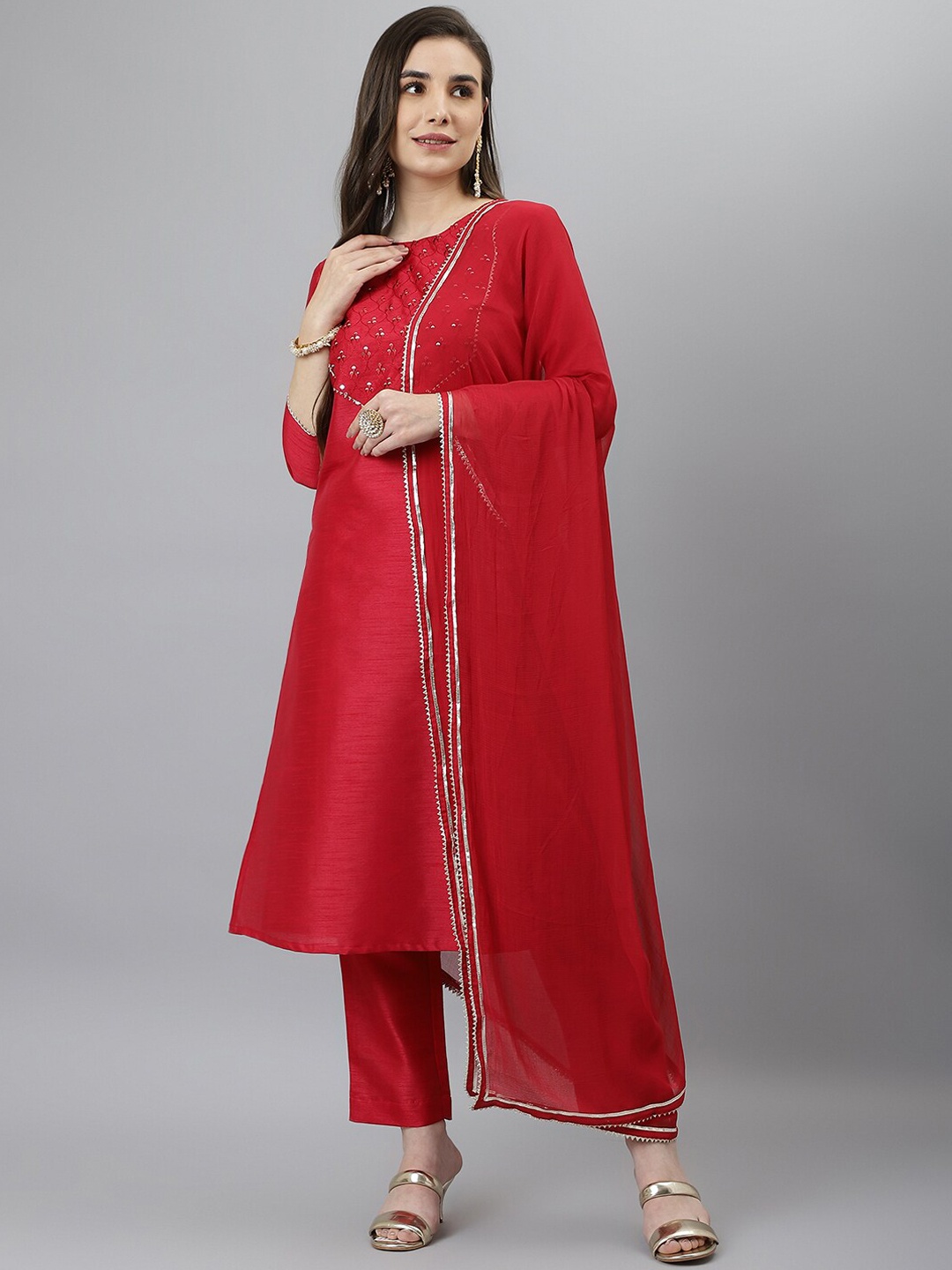 

SIAH Red Yoke Design Gotta Patti Kurta with Trousers & Dupatta
