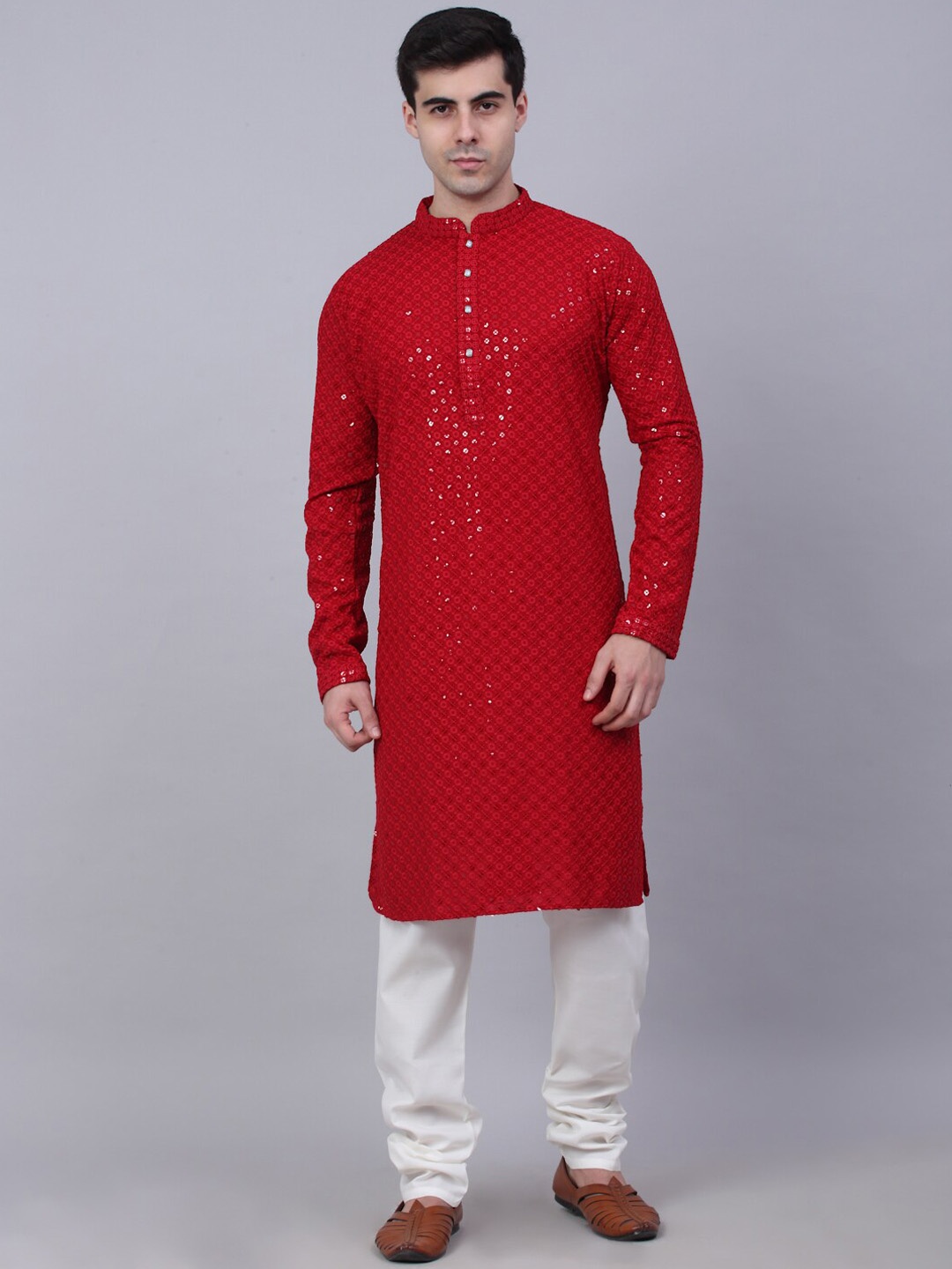 

Jompers Men Maroon Floral Printed Sequinned Pure Cotton Kurta with Churidar
