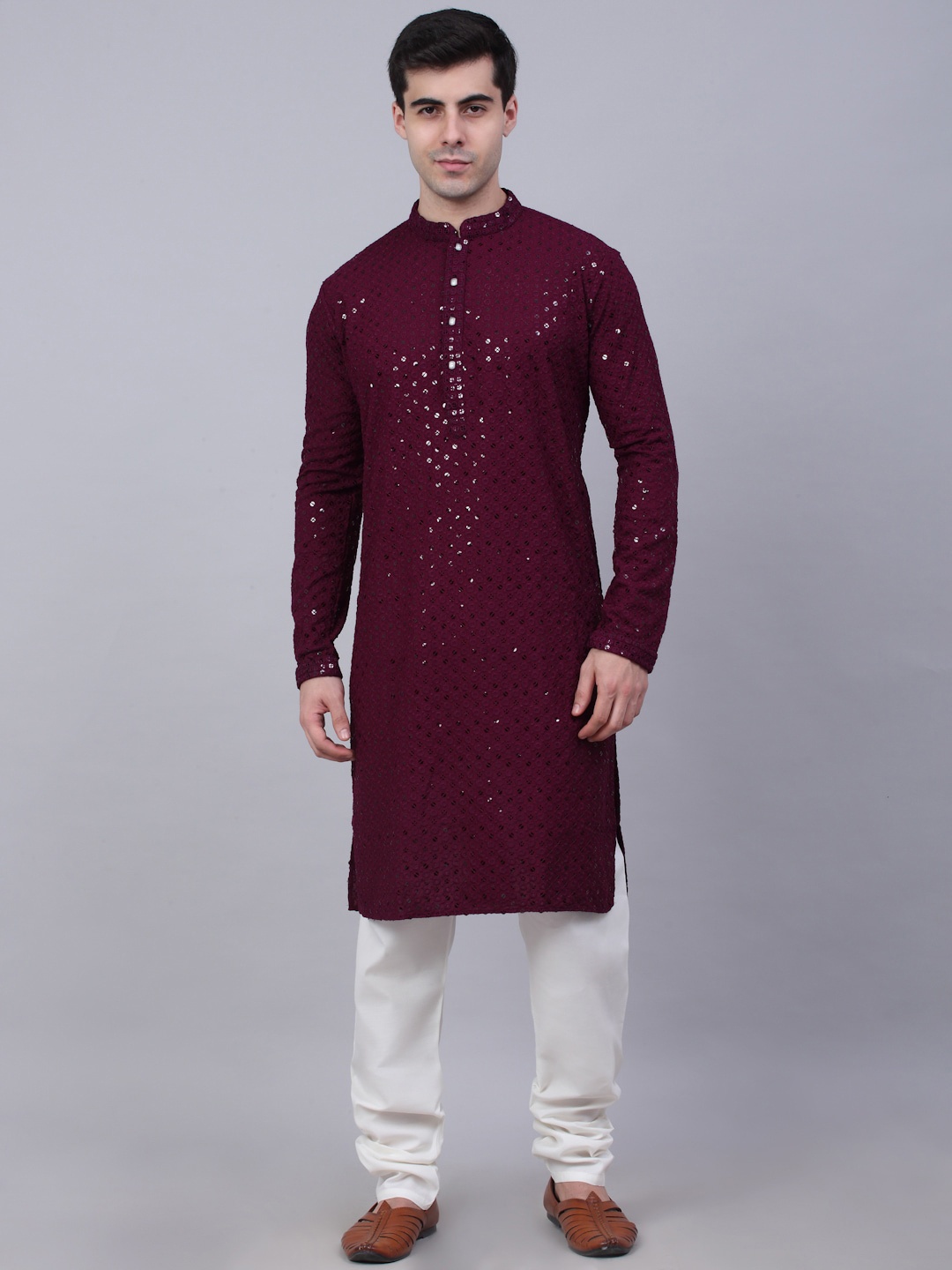 

Jompers Men Purple Embroidered Sequinned Pure Cotton Kurta with Churidar