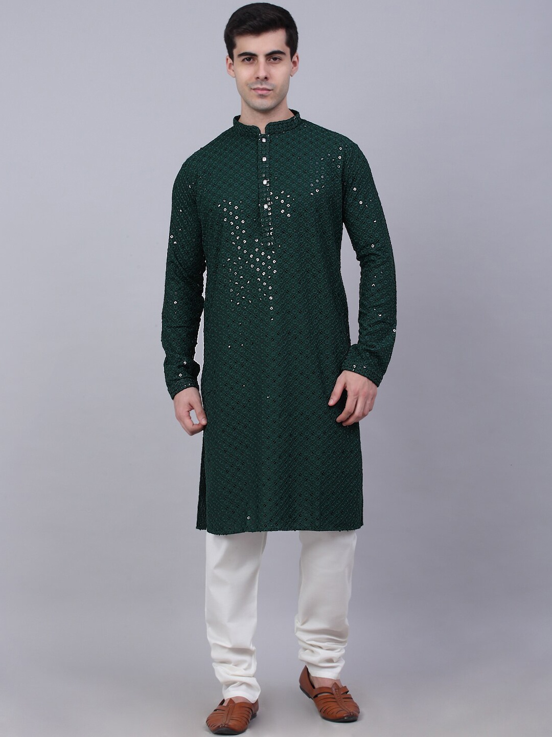 

Jompers Men Green Floral Embroidered Sequinned Pure Cotton Kurta with Churidar