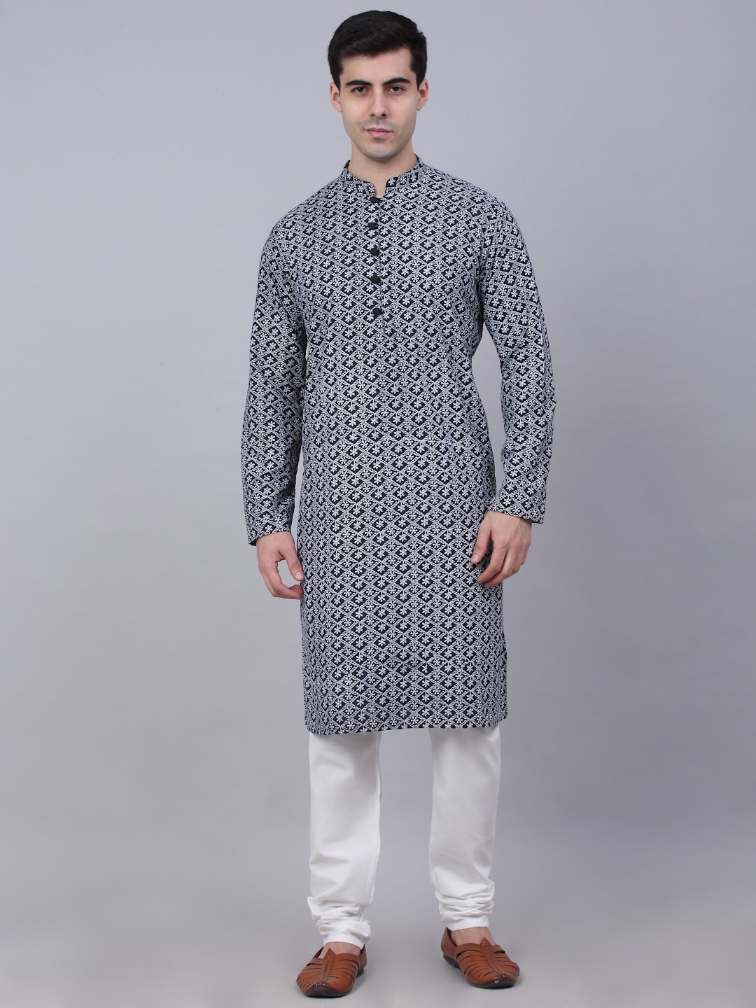 

Jompers Men Navy Blue Ethnic Motifs Embroidered Chikankari Pure Cotton Kurta with Churidar