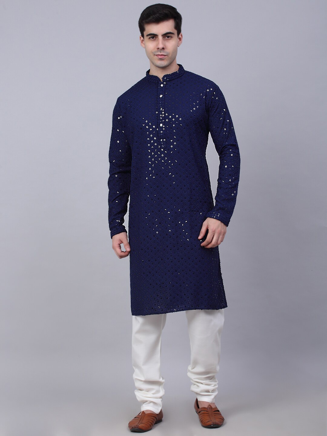 

Jompers Men Navy Blue Floral Embroidered Sequinned Pure Cotton Kurta with Churidar