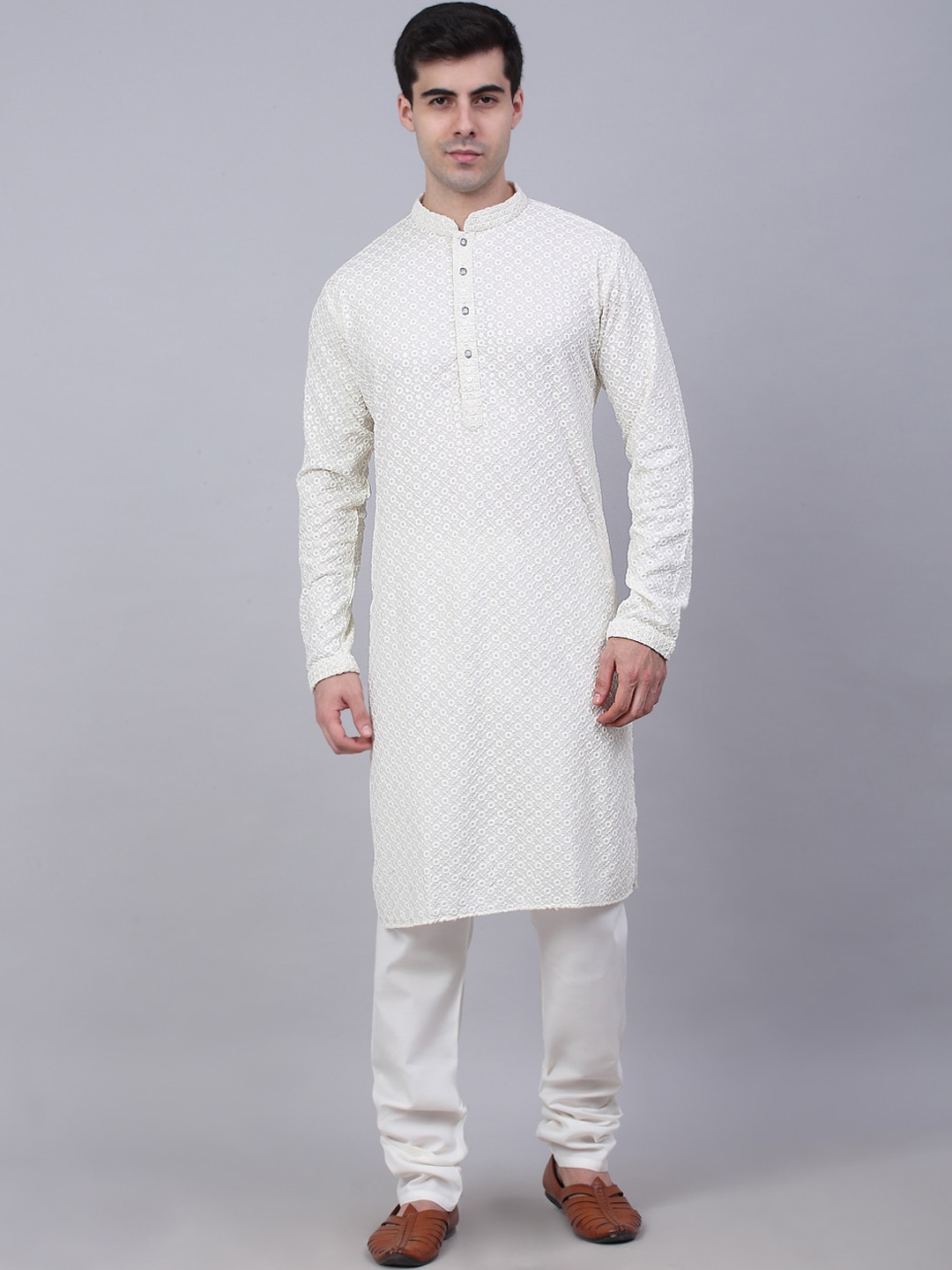 

Jompers Men White Floral Embroidered Thread Work Pure Cotton Kurta with Churidar