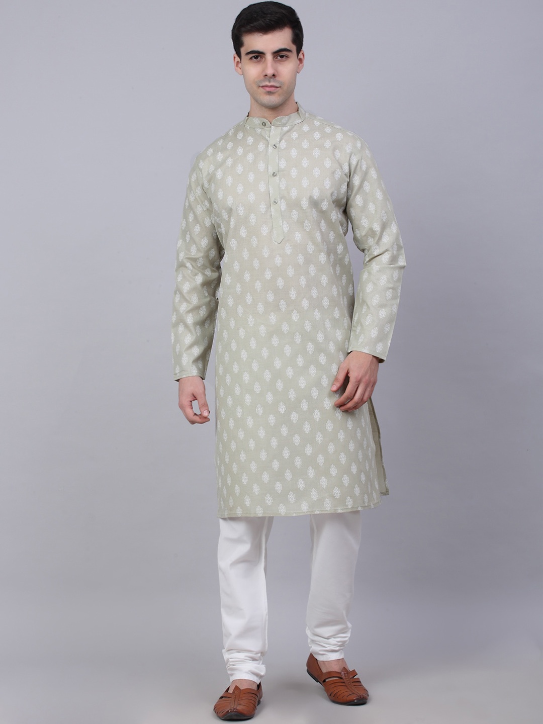 

Jompers Men Grey Floral Printed Kurta with Churidar