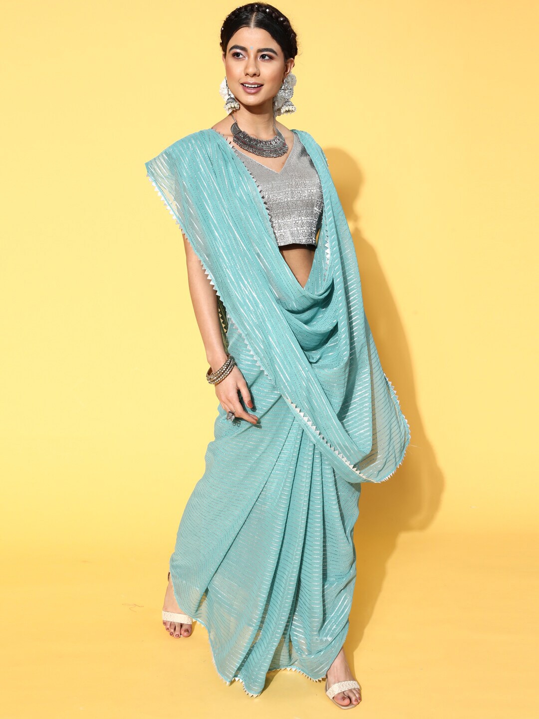 

Kvsfab Teal Striped Gotta Patti Organza Saree