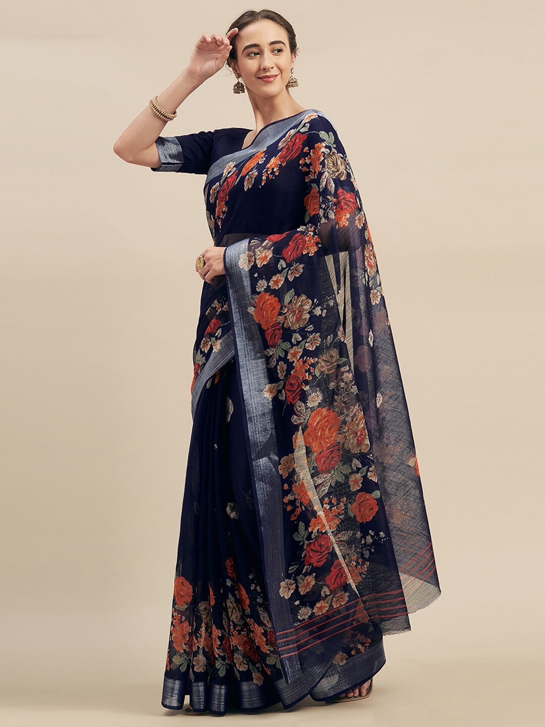 

Kvsfab Navy Blue & Red Floral Zari Saree