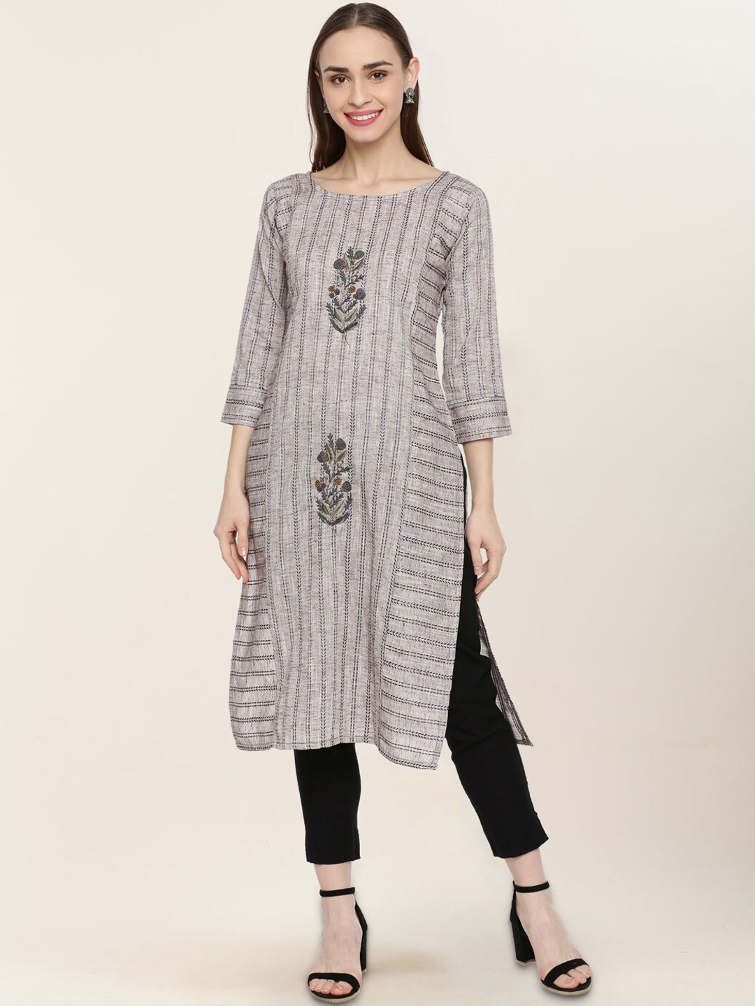 

Kvsfab Boat Neck Striped Cotton Kurta, Grey