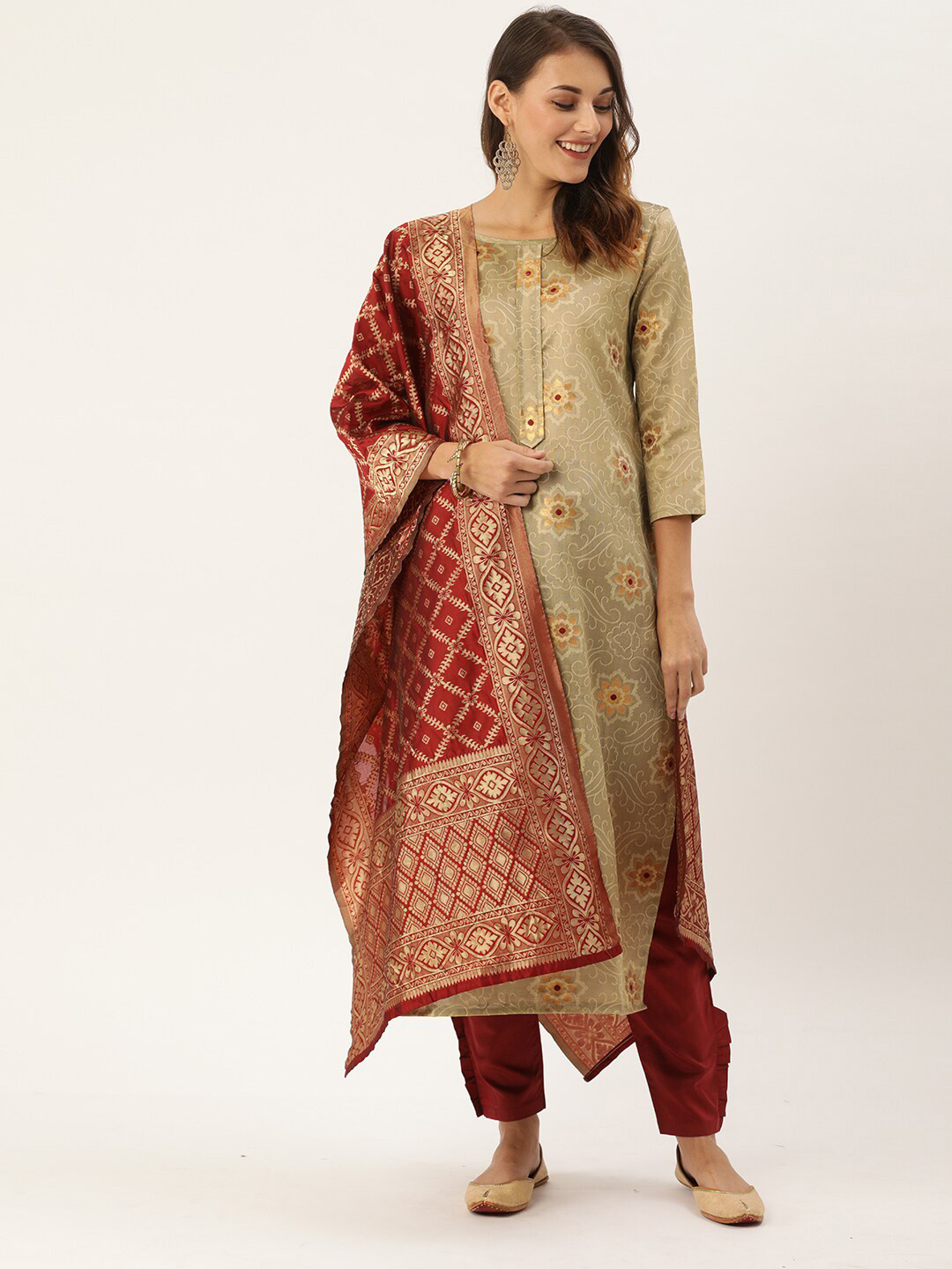 

Kvsfab Floral Printed Unstitched Dress Material, Beige