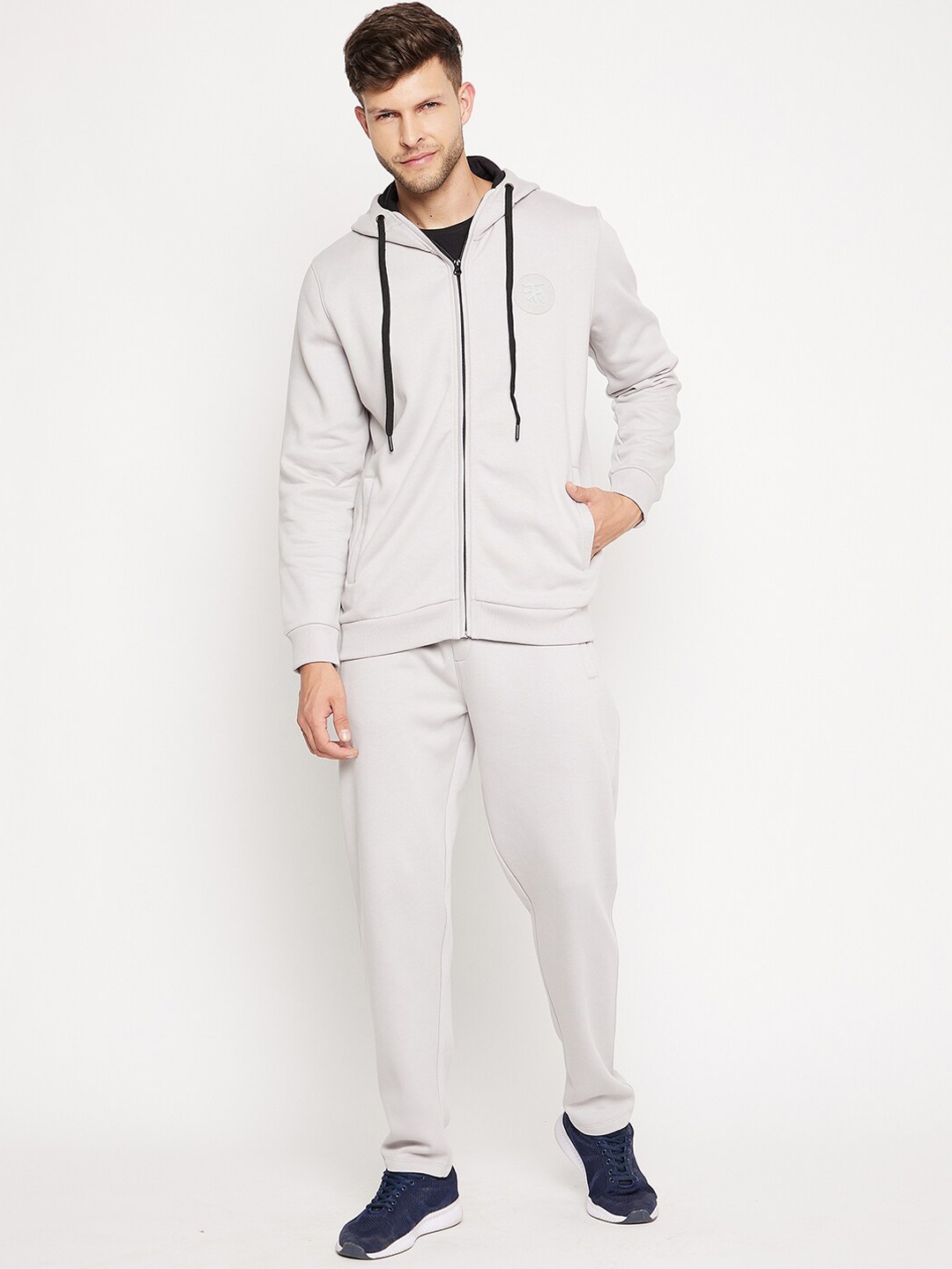 

EDRIO Men Grey Solid Fleece Hooded Tracksuits
