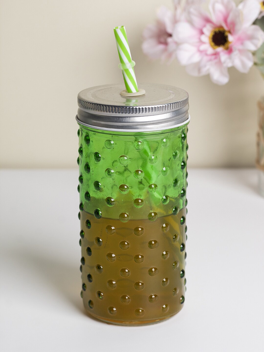 

MARKET99 Green Textured Glass Matte Mason Jar with a Lid & Straw 400 ML