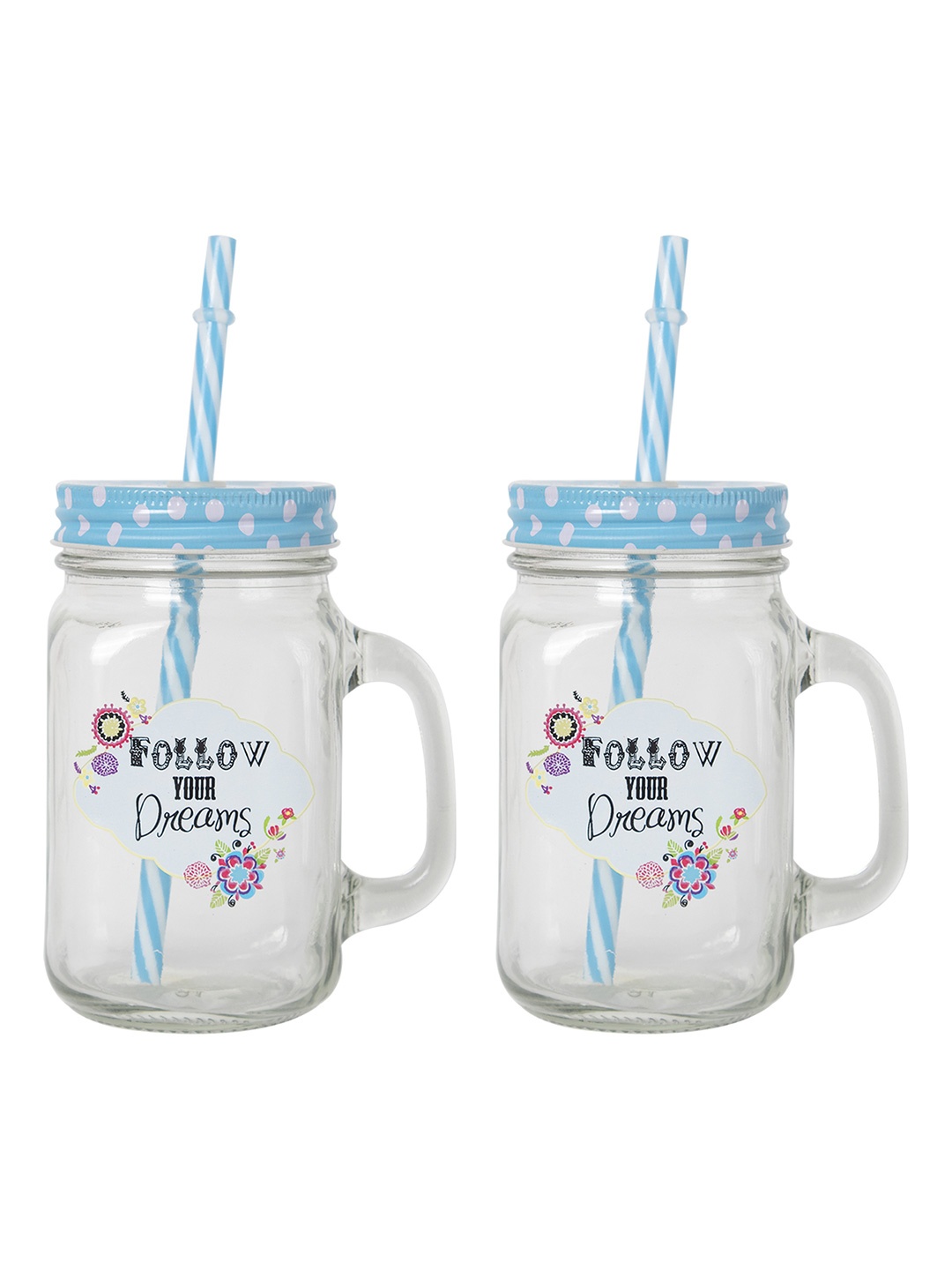 

MARKET99 Transparent & Black Set of 2 Printed Glass Mason Mug with Straw 450 ML